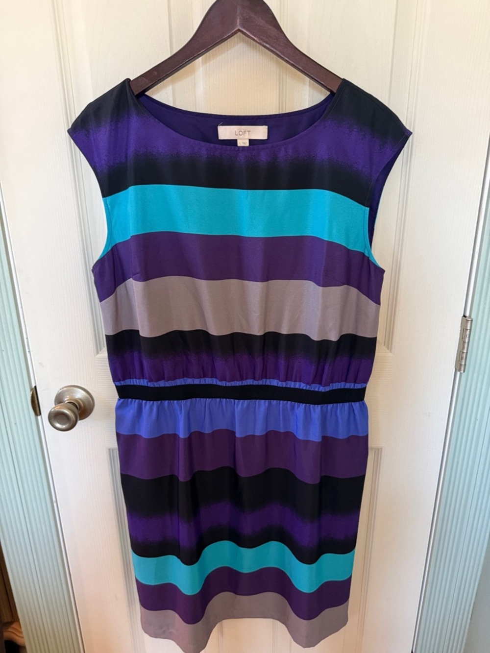 LOFT Purple, Teal & Gray Striped Cap-Sleeve Dress
